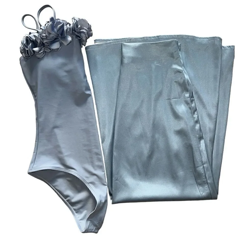 FLAXMAKER Floral Decor One Piece Swimsuit And Skirt Size S.